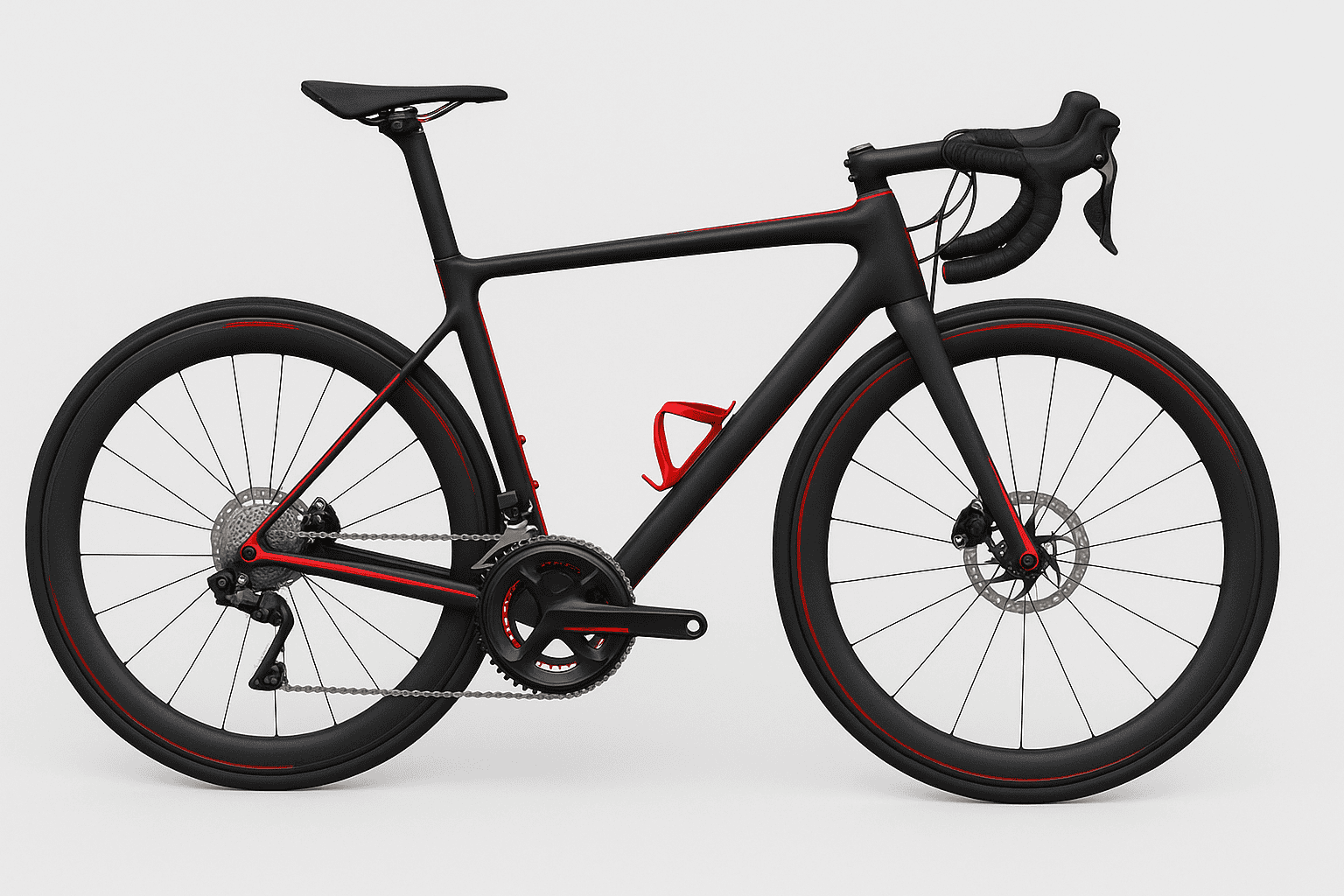 High-performance black and red road racing bicycle with aerodynamic frame and carbon wheels.